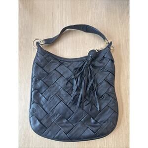 Cole Haan Prudence Black Woven Leather Hobo Shoulder Bag Purse Wide Weave